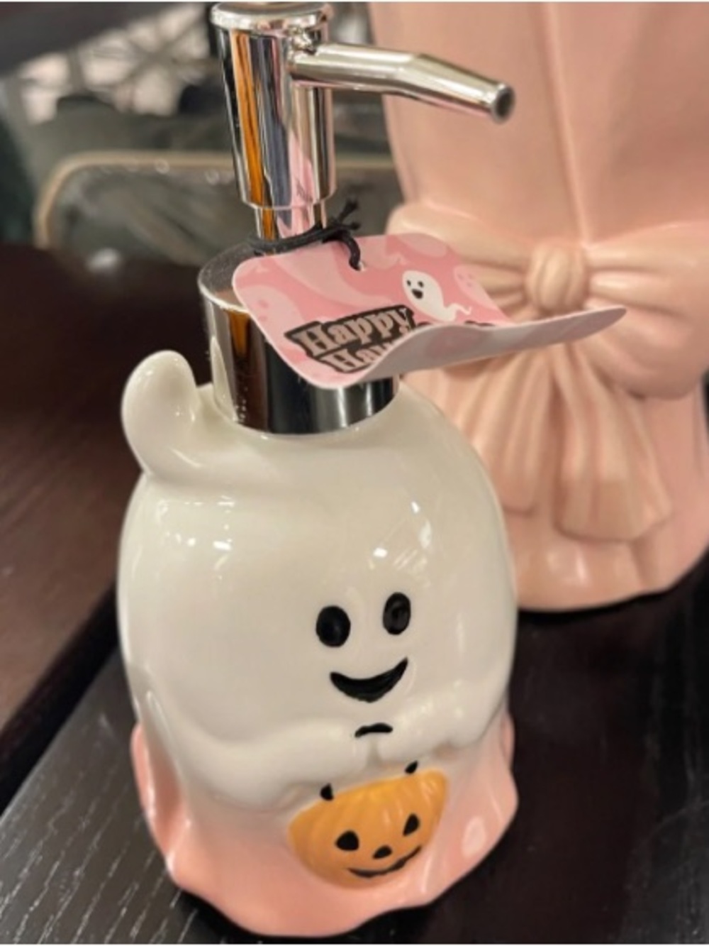 Ceramic Ghost Soap Dispenser with Pink Base and Pumpkin Accent
